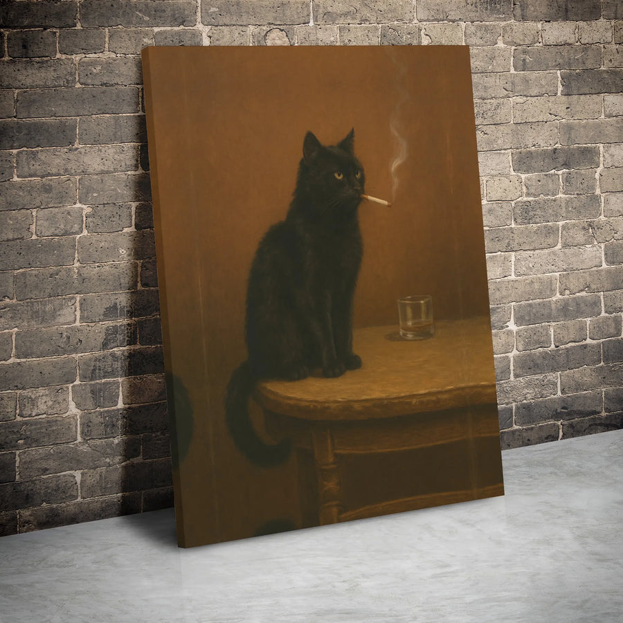 Black Cat Smoking and Whiskey Canvas Wall Art | Moody Surrealist Portrait | Gallery Wrap Premium Print | Edgy Home Decor Gift for Cat Lovers