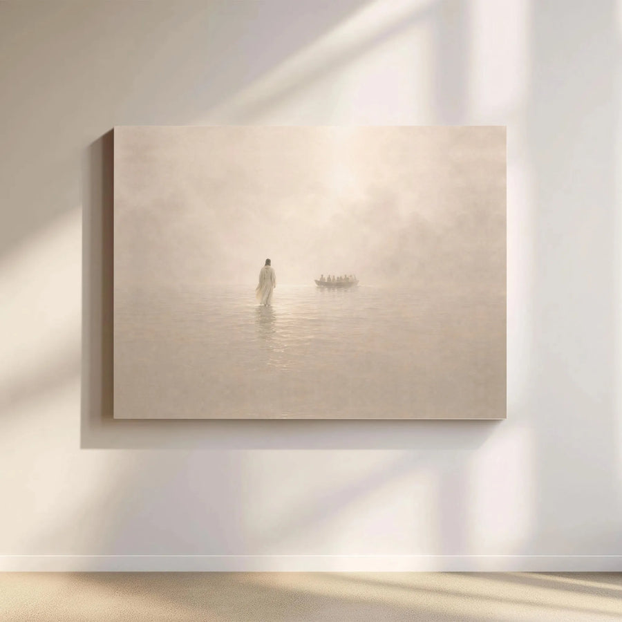 Jesus Walking on Water Horizontal Canvas | Ethereal Biblical Faith Scene | Premium 1.25” Thick Gallery Style Canvas | Serene Christian Home Decor Gift