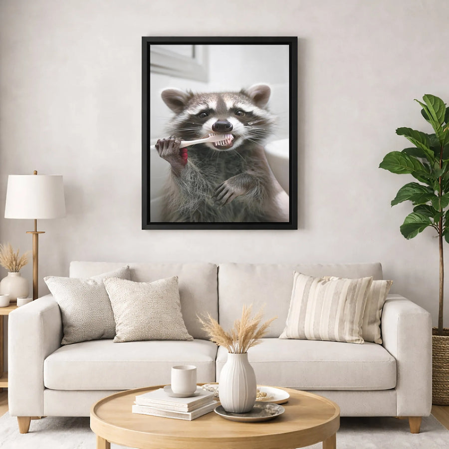 Funny Raccoon Brushing Teeth Canvas Art | Cute Animal Bathroom Wall Decor | Premium 1.25" Thick Gallery Wrap | Unique Gift for Animal Lovers