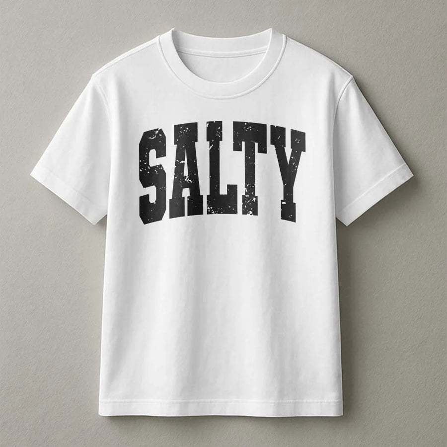 Salty T-Shirt | Distressed Varsity Graphic Crewneck | Premium Cotton Blend | Gift for Beach and Ocean Lover