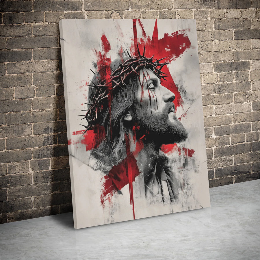 Jesus Christ Canvas Art | Crown Of Thorns Red Splash Portrait | Premium Gallery Wrap Decor | Religious Wall Art Gift For Home