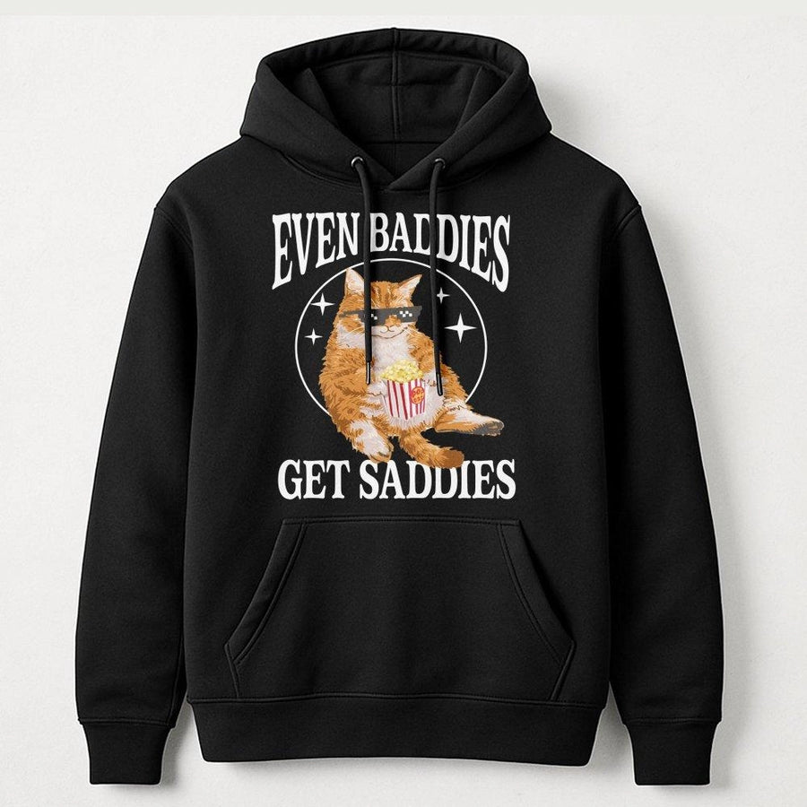 Even Baddies Get Saddies Hoodie | Cute Orange Cat Eating Popcorn Design | Premium Cotton-Blend Fleece | Gift For Cat Lovers & Trendy Aesthetic