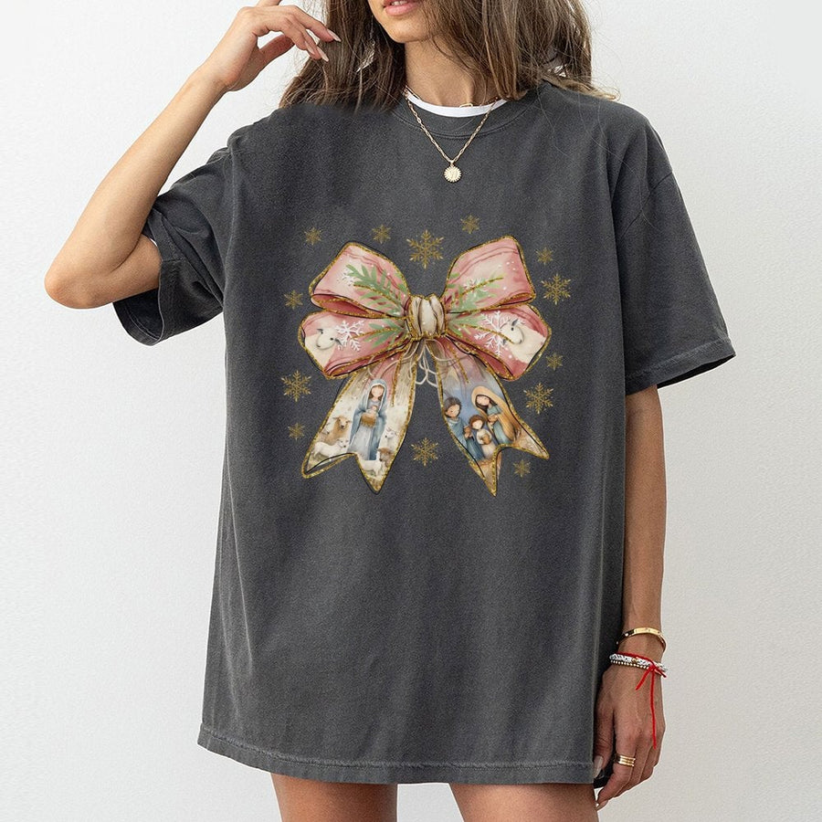 Nativity Scene Coquette Bow T-Shirt | Christian Christmas Aesthetic Graphic Tee | 100% Premium Cotton | Religious Holiday Gift for Women