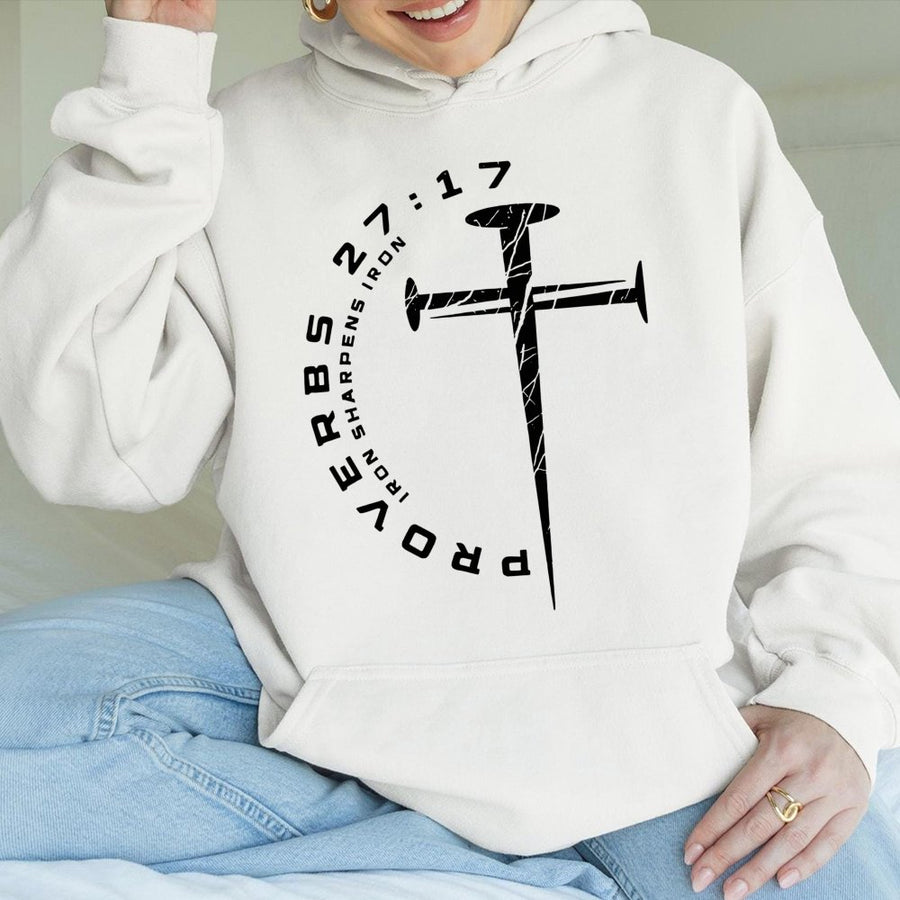 Proverbs 27:17 Hoodie | Iron Sharpens Iron Cross Nail Design | Premium Cotton Blend Apparel | Faith-Based Christian Gift for Men and Women