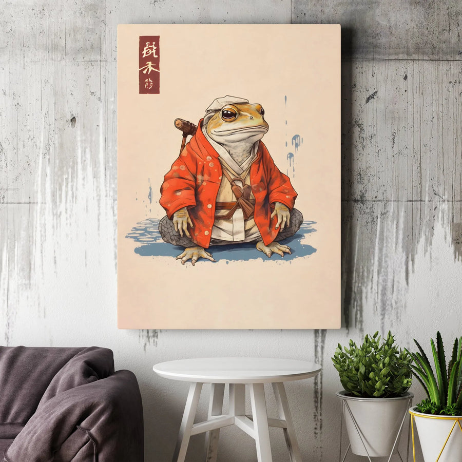 Samurai Toad Wall Art | Japanese Ukiyo-e Style Frog Warrior in Red Kimono | Premium Gallery Wrap Canvas | Unique Home Decor Gift for Animal Lovers