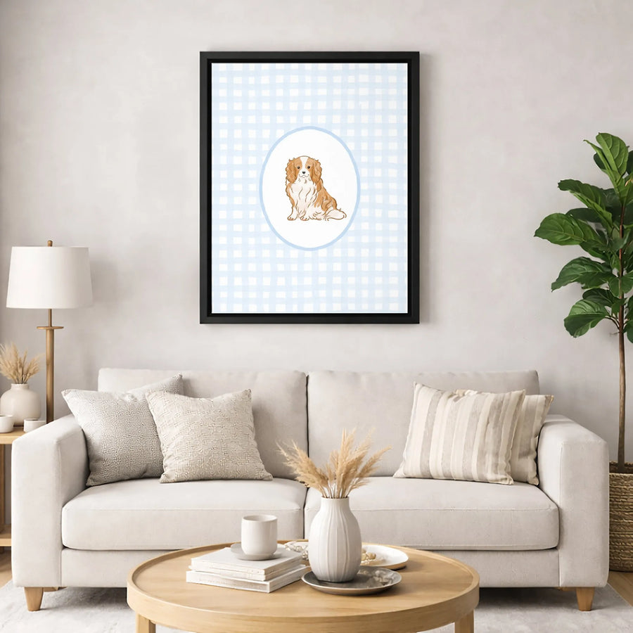Cavalier King Charles Spaniel Wall Art | Blue Gingham Dog Portrait | Premium Gallery-Wrapped Canvas | Nursery Decor or Dog Lover Gift