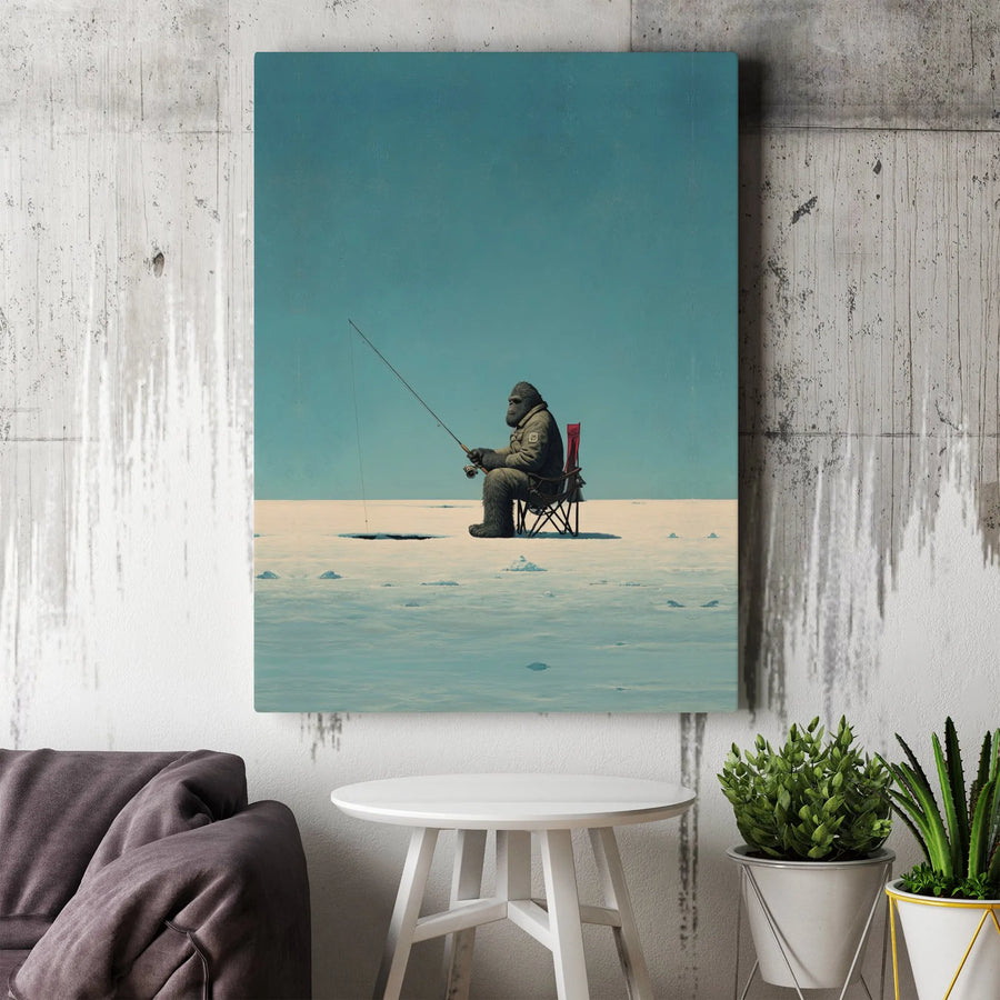 Bigfoot Ice Fishing Canvas Wall Art | Funny Sasquatch Winter Landscape | Premium Gallery Wrapped Decor | Unique Outdoorsman Gift for Him