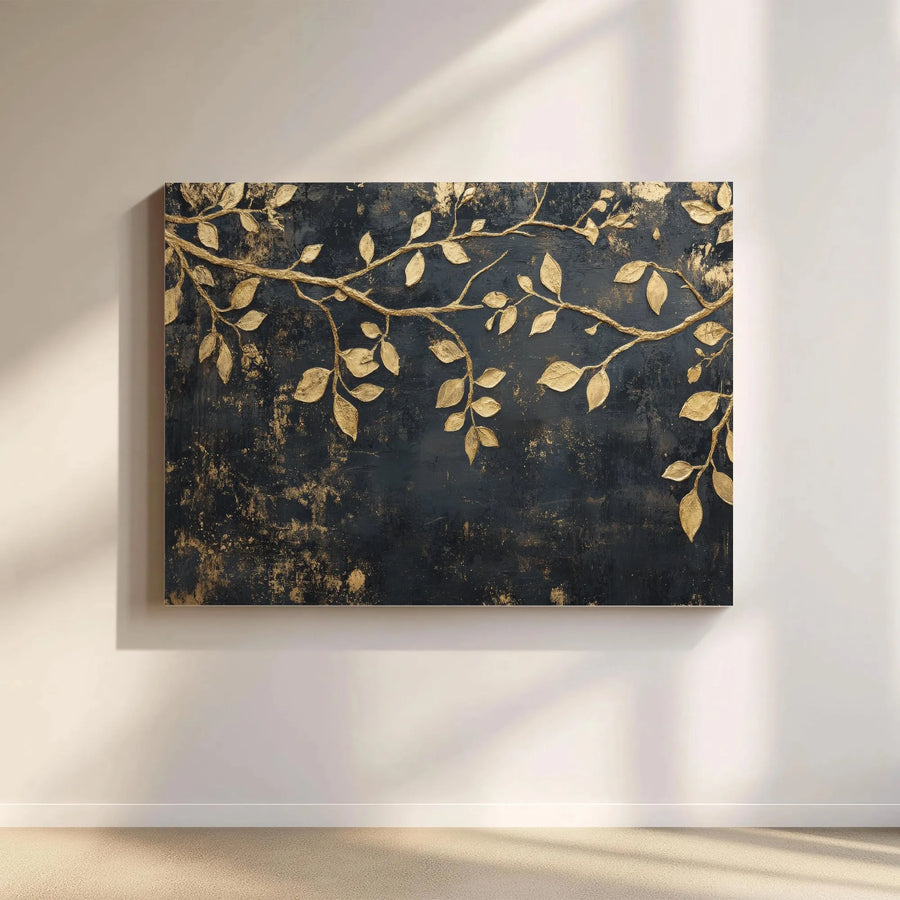 Gold Leaf Branch Canvas Wall Art | Textured Black and Gold Abstract Print | 1.25" Gallery Wrap | Premium Modern Home Decor