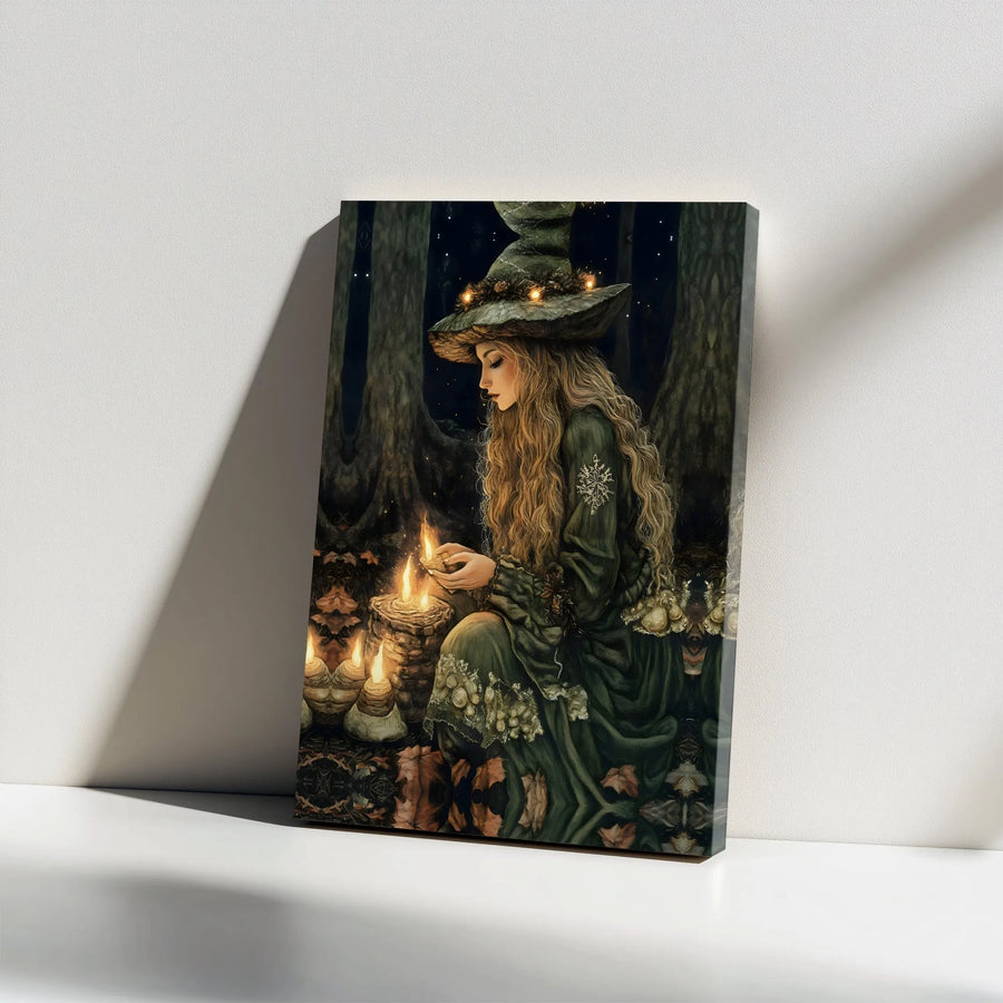 Forest Witch Canvas Wall Art | Magical Glowing Candle Enchantment | Premium Gallery-Wrapped Print | Gothic Fantasy Decor Gift for Wiccans