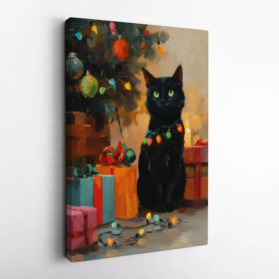 Black Cat Christmas Canvas Art | Cute Kitten Wrapped in Holiday Lights | Gallery Wrapped Premium Print | Festive Home Decor Gift for Cat Lovers