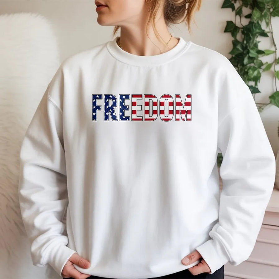 Patriotic Freedom Sweatshirt | USA Flag Text Graphic Tee | Soft 100% Cotton | Gift for Veteran or Patriot