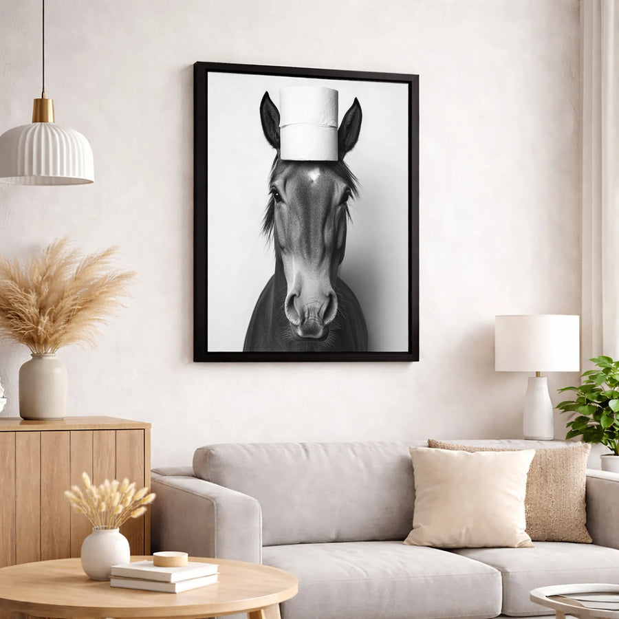 Funny Horse Wall Art | Toilet Paper Hat Portrait | Gallery Quality Canvas Print | Whimsical Farmhouse Bathroom Decor Gift