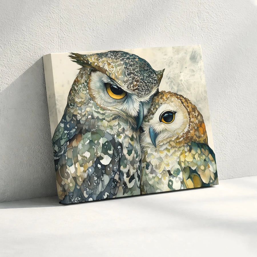 Owl Couple Canvas Wall Art | Romantic Watercolor Wildlife Portrait | Premium 1.25" Gallery Wrap | Nature-Inspired Home Decor Gift