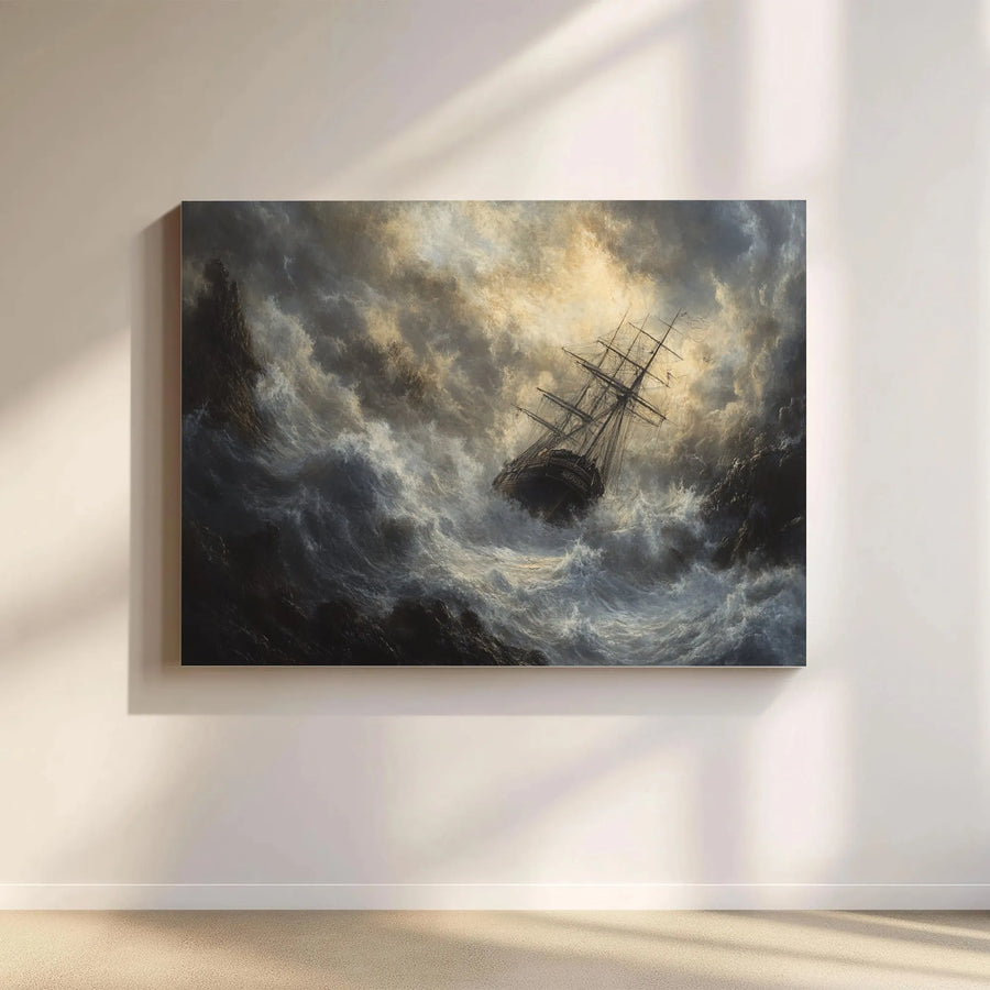 Stormy Sea Ship Canvas Art | Dramatic Nautical Ocean Oil Painting Style | 1.25" Gallery Wrap Premium Decor | Office and Living Room Wall Decor