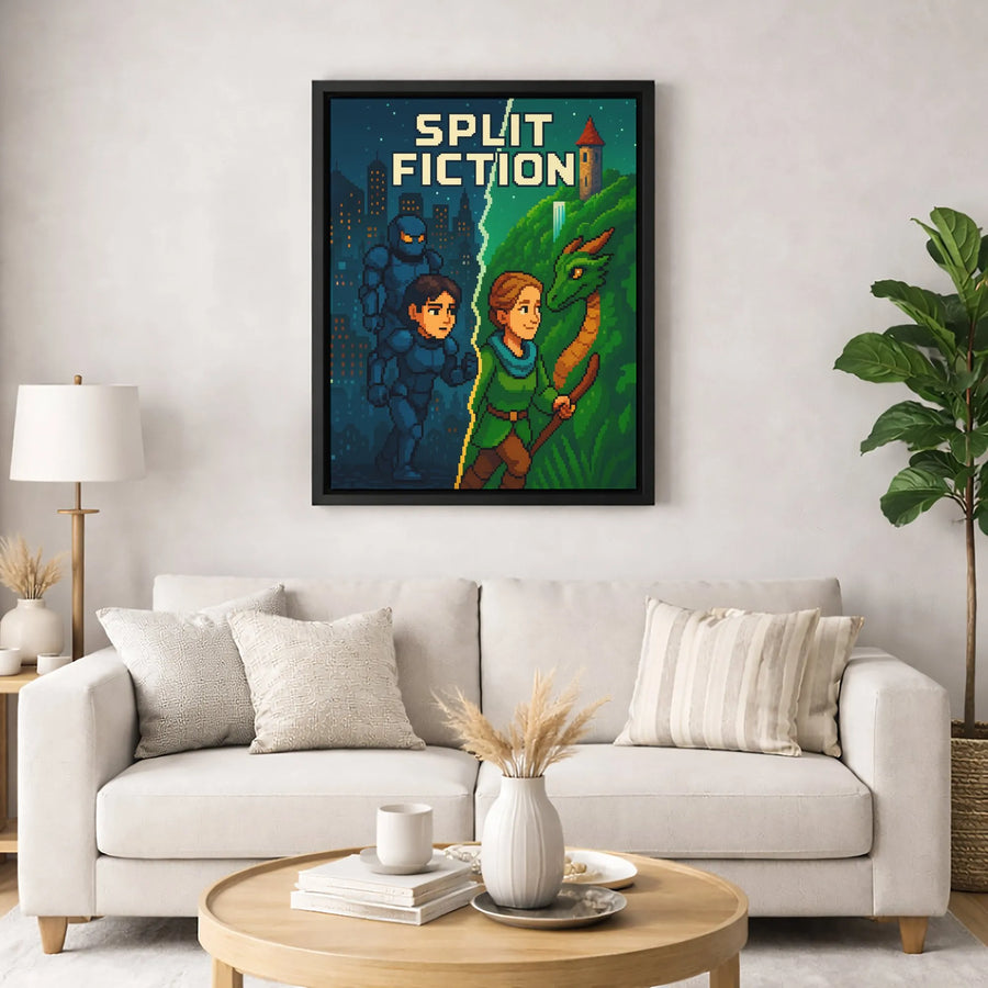 Pixel Art Wall Decor | Sci-Fi vs Fantasy Dragon Split Design | Premium 1.25" Gallery Wrapped Canvas | Gamer Room Gift for Him & Her