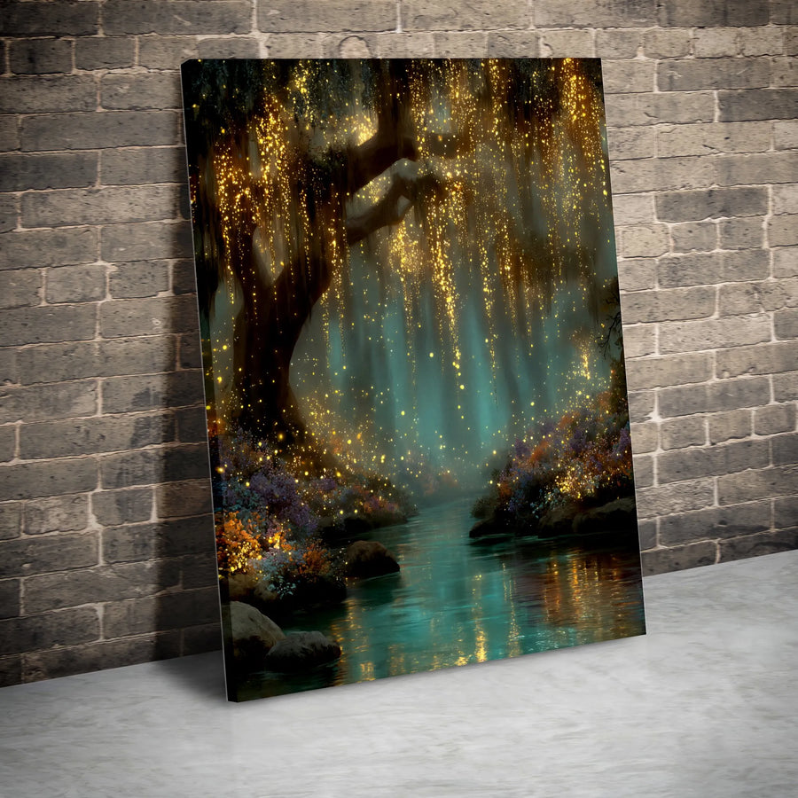 Enchanted Forest Canvas Wall Art | Glowing Tree Over Mystical River | Premium Gallery Wrapped Canvas | Fantasy Home Decor Gift