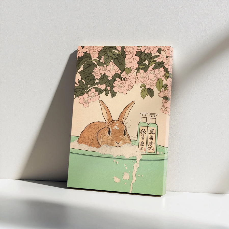 Japanese Ukiyo-e Rabbit Bath Vertical Canvas | Cute Vintage Woodblock Bunny Art Print with Cherry Blossoms | Premium 1.25 Inch Gallery Wrap | Whimsical Bathroom Decor Gift