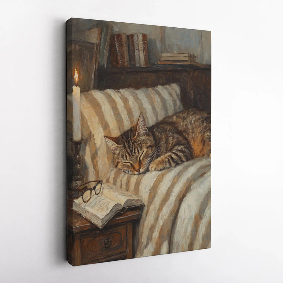 Sleeping Tabby Cat Canvas Print | Cozy Library Reading Nook Art | Gallery-Quality Fade-Resistant Wall Decor | Perfect Gift For Bookworms & Cat Lovers