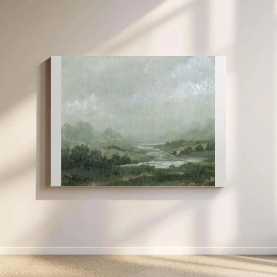 Misty River Landscape Canvas Print | Moody Green Tonalist Art | Premium Gallery Wrapped Canvas | Modern Farmhouse Wall Decor Gift