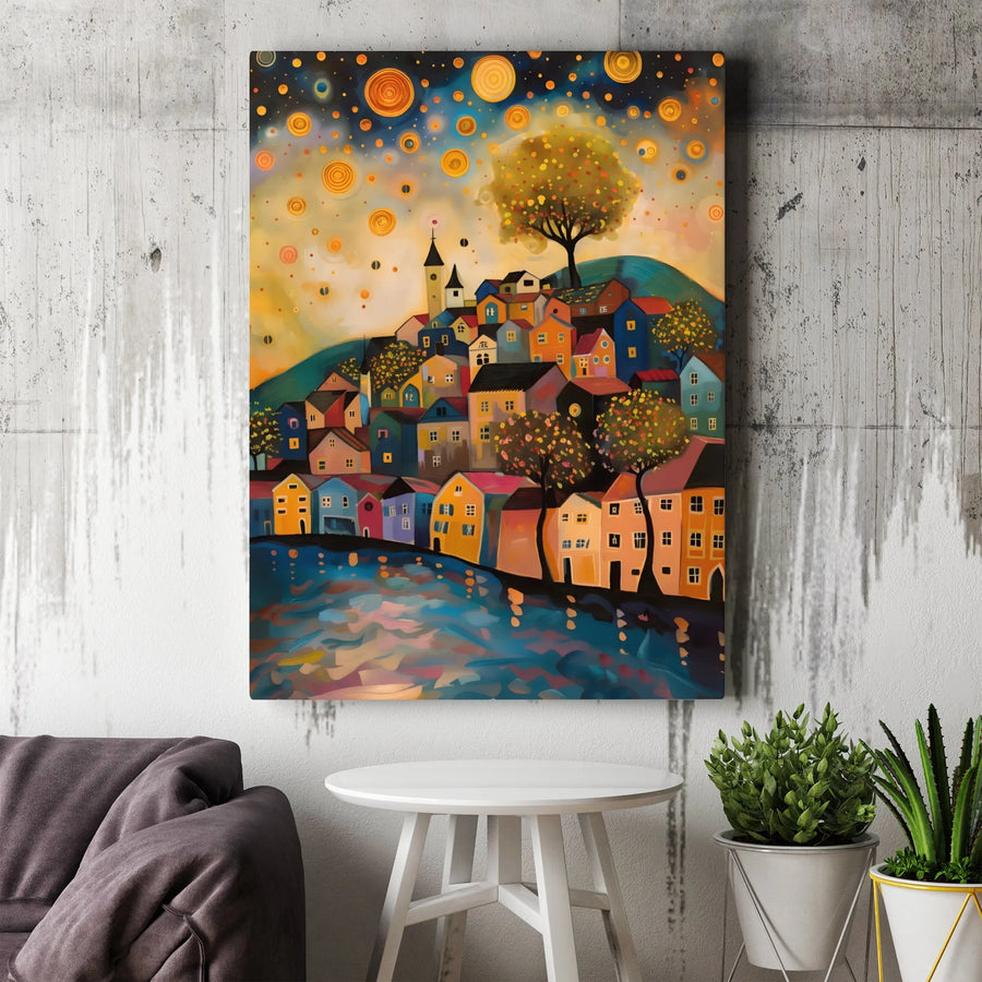 Whimsical Hillside Village Canvas Art | Night Sky Abstract Print | Premium Fade-Resistant Decor | Colorful Modern Wall Art for Home