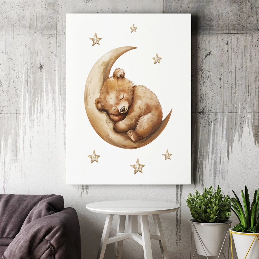 Sleeping Bear On Moon Canvas Wall Art | Watercolor Nursery Decor | Premium Gallery Wrap Print | Baby Shower Gift for Boy or Girl