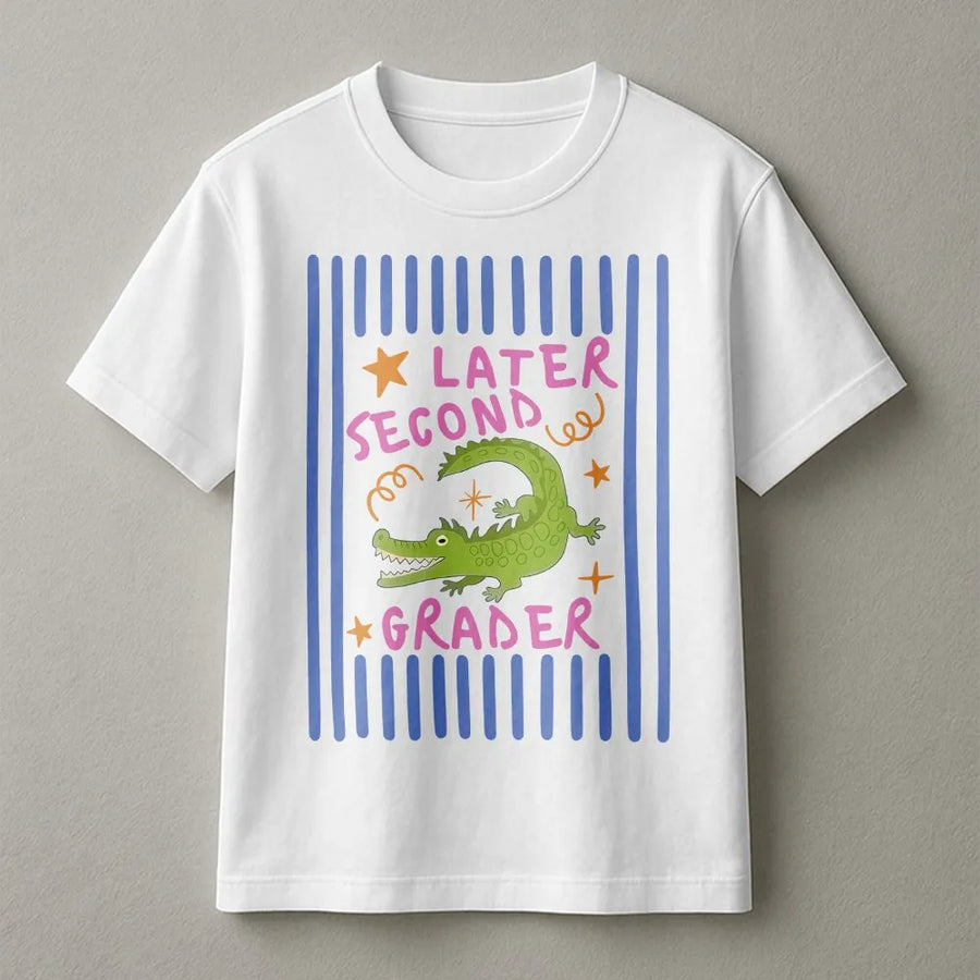 Later Second Grader T-Shirt | Funny Alligator Last Day of School Pun | Soft Cotton Tee | Gift for 2nd Grade Student