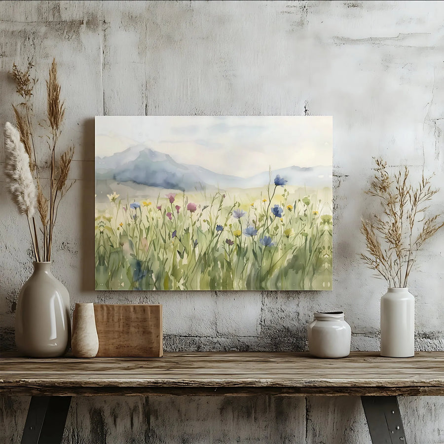 Watercolor Wildflower Canvas Art | Mountain Meadow Landscape Print | Premium Gallery Wrap Canvas | Modern Farmhouse Decor Gift
