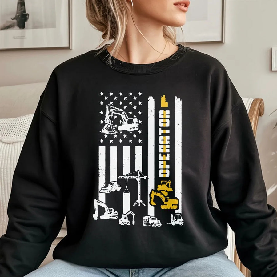 Heavy Equipment Operator Sweatshirt | American Flag Construction Graphic | Premium Cotton Blend | Gift for Construction Worker