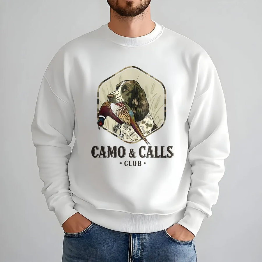 Springer Spaniel Hunting Sweatshirt | Camo & Calls Club Pheasant Bird Dog Graphic | Premium Cotton Blend | Gift for Hunter & Dog Lover