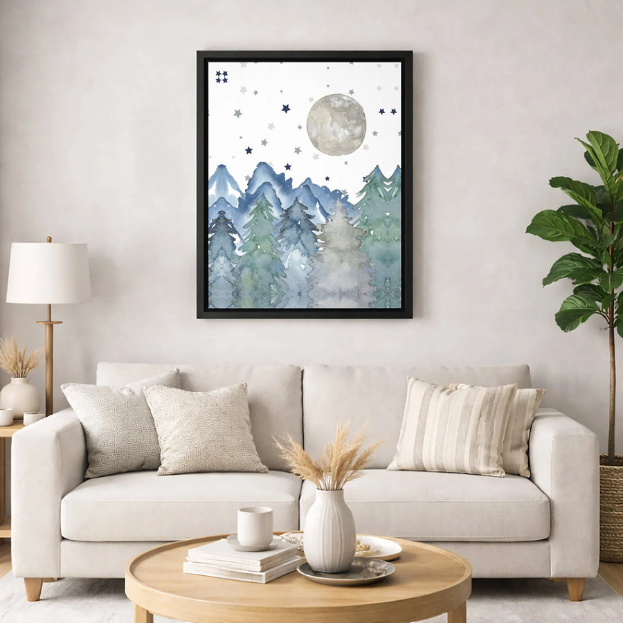 Watercolor Mountain Forest Canvas Art | Pine Trees and Night Sky Moon Print | Gallery Quality 1.25-inch Profile | Modern Bedroom or Nursery Wall Decor