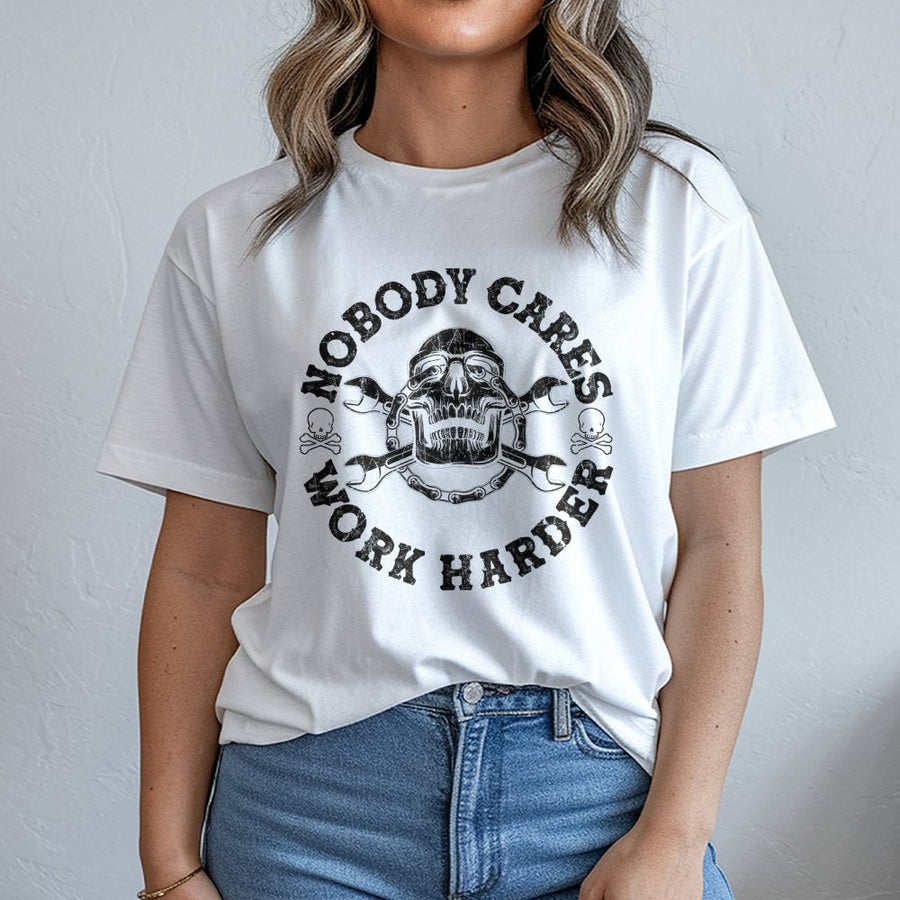 Nobody Cares Work Harder T-Shirt | Distressed Skull Mechanic Graphic | Premium Cotton Streetwear | Motivational Gym Gift for Men