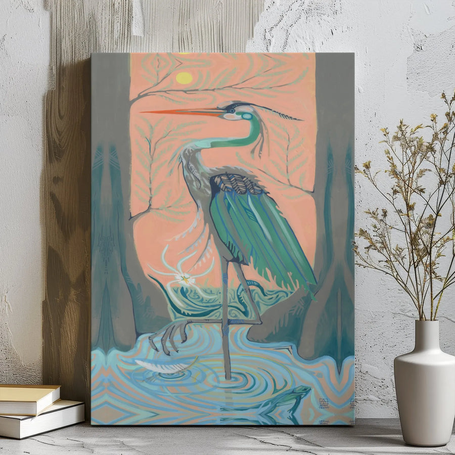 Great Blue Heron Canvas Wall Art | Stylized Coastal Swamp Sunset Print | Premium Gallery Wrap Decor | Modern Nature Gift For Bird Lovers