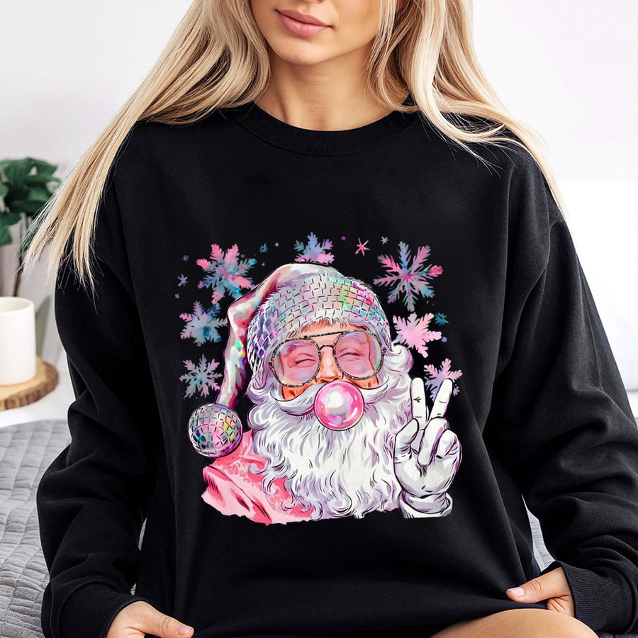 Pink Santa Sweatshirt | Disco Ball Hat Bubble Gum Graphic | Premium Cotton Blend | Retro Christmas Holiday Gift for Women and Teen Girls