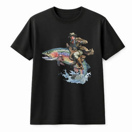 Cowboy Riding Fish T-Shirt | Funny Western Trout Fishing Graphic Tee | Soft Cotton Unisex Top | Unique Gift for Angler