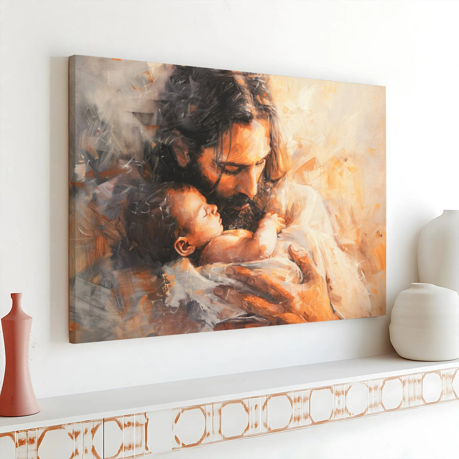 Jesus Holding Baby Canvas Art | Modern Religious Painting Print | Premium Gallery Wrapped Canvas | Spiritual Home Decor Gift