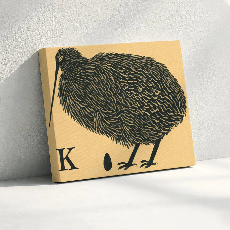 Kiwi Bird Alphabet Wall Art | K for Kiwi Linocut Print | Premium Gallery Wrap Canvas | Nursery Decor and Bird Lover Gift