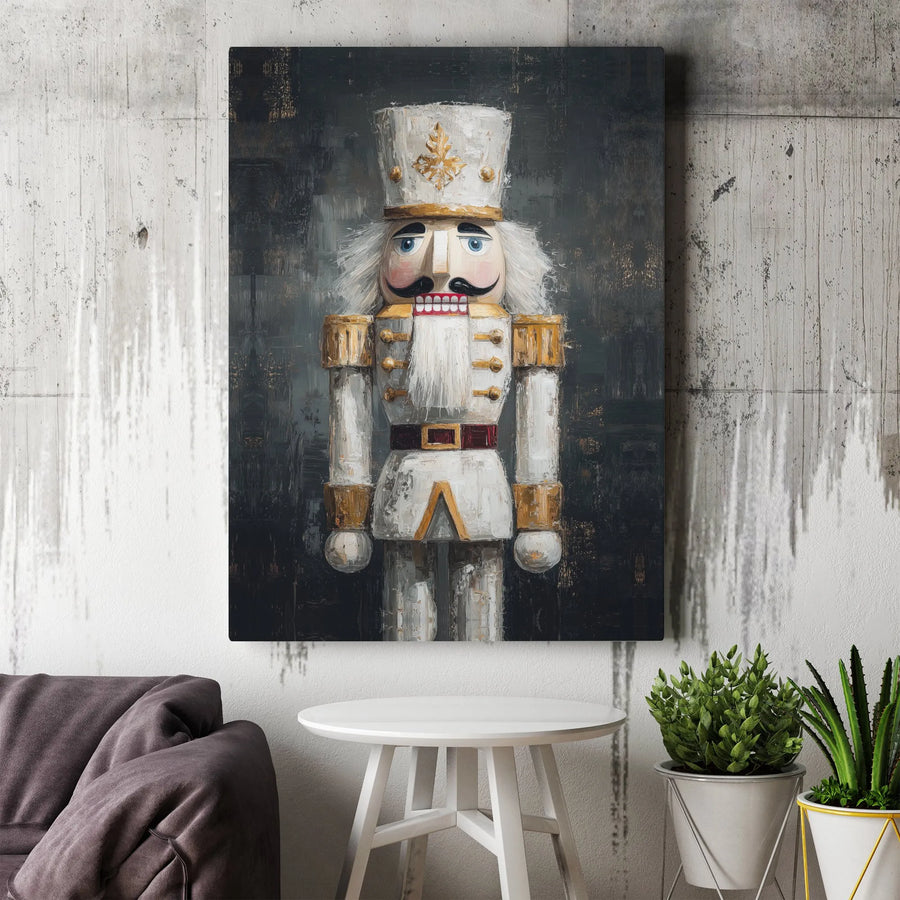 White and Gold Nutcracker Canvas Wall Art | Artistic Soldier Portrait Print | Premium Gallery-Wrapped Decor | Christmas Holiday Gift