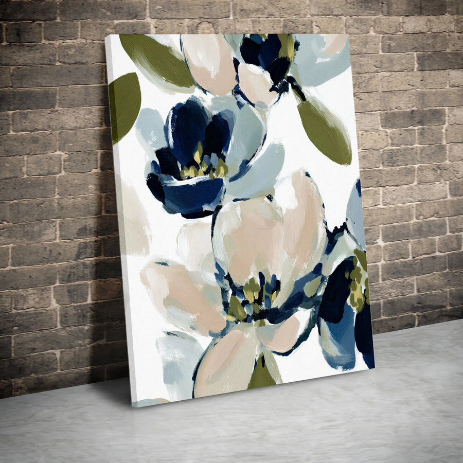 Abstract Floral Vertical Canvas | Modern Navy and Sage Botanical Painting Print | Premium Gallery Wrapped Canvas | Living Room Decor Gift