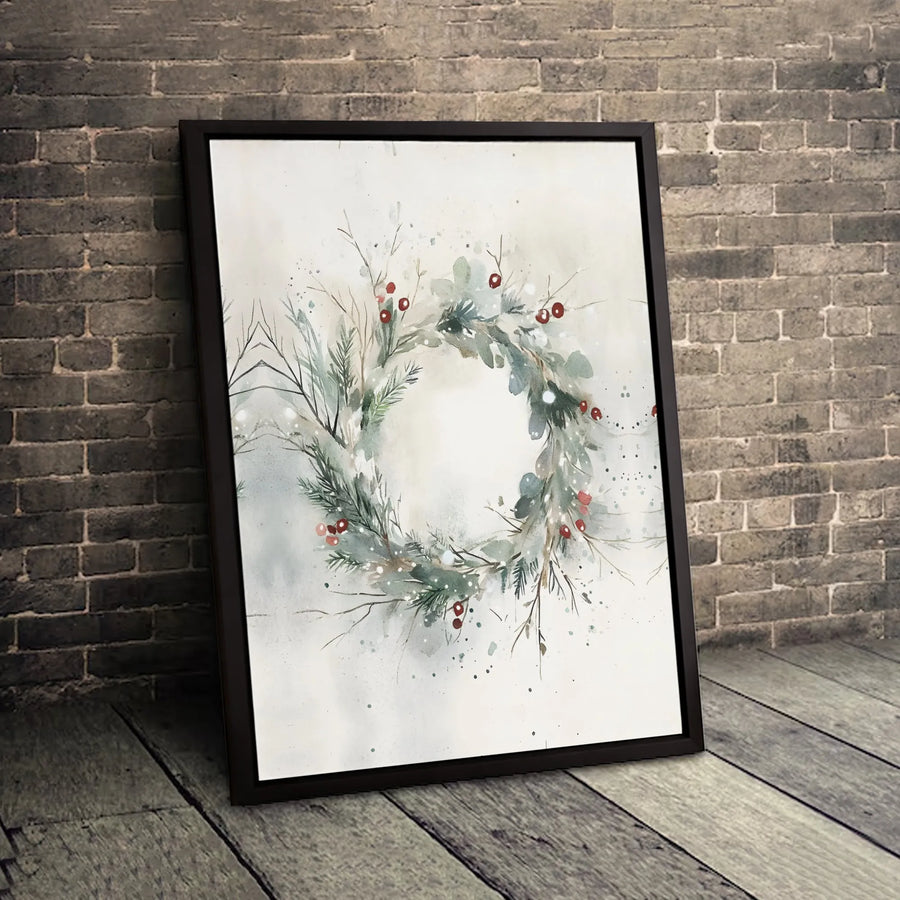 Watercolor Winter Wreath Wall Art | Red Berry Holiday Botanical Decor | Premium Gallery Wrap Canvas | Festive Christmas Gift for Home