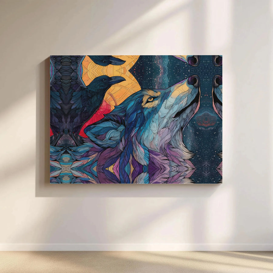 Howling Wolf and Raven Canvas Wall Art | Psychedelic Starry Sky Night Portrait | Premium 1.25-Inch Gallery Wrap | Spiritual Home Decor Gift