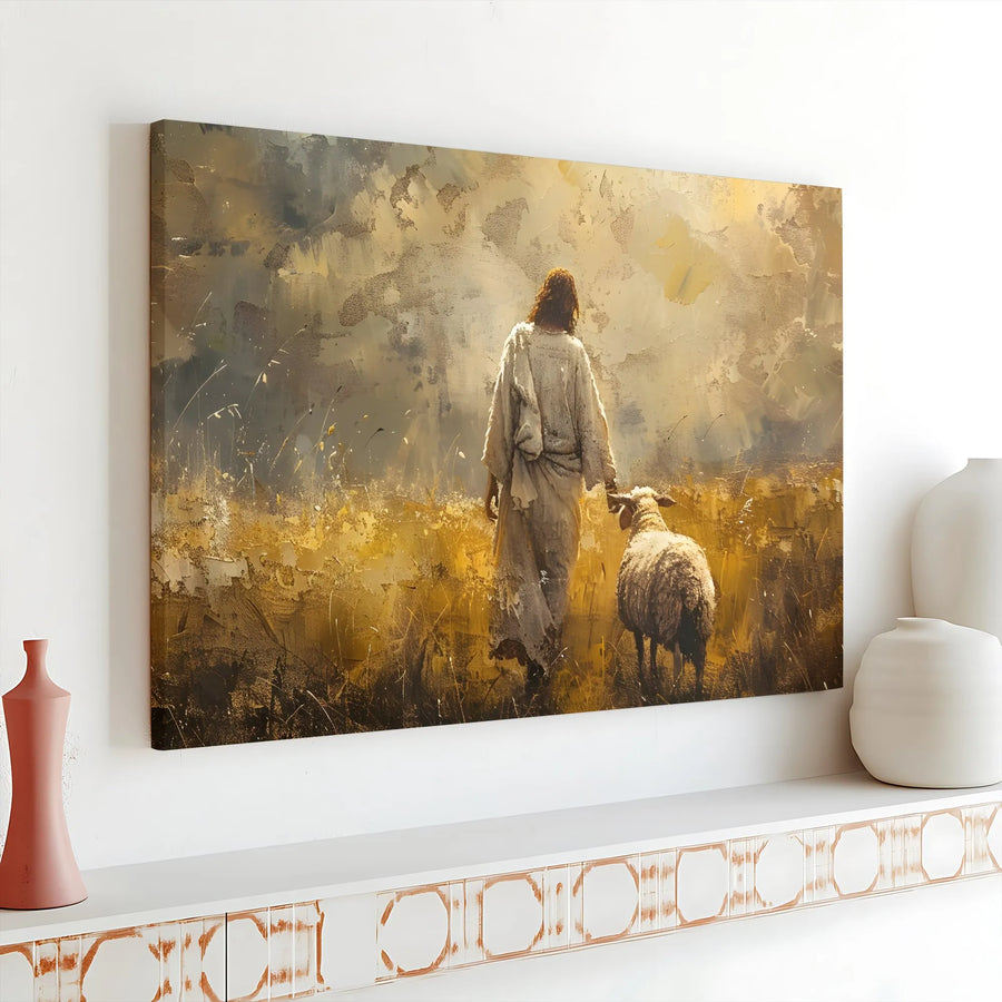 Jesus and Lamb Canvas Wall Art | Abstract Good Shepherd Painting | Premium Gallery Wrapped Canvas | Christian Home Decor Gift