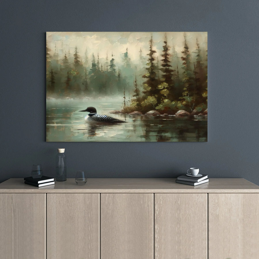 Loon on Misty Lake Canvas Print | Impressionist Forest Landscape Wall Art | Premium 1.25” Gallery Wrap | Nature Lover Home Decor Gift