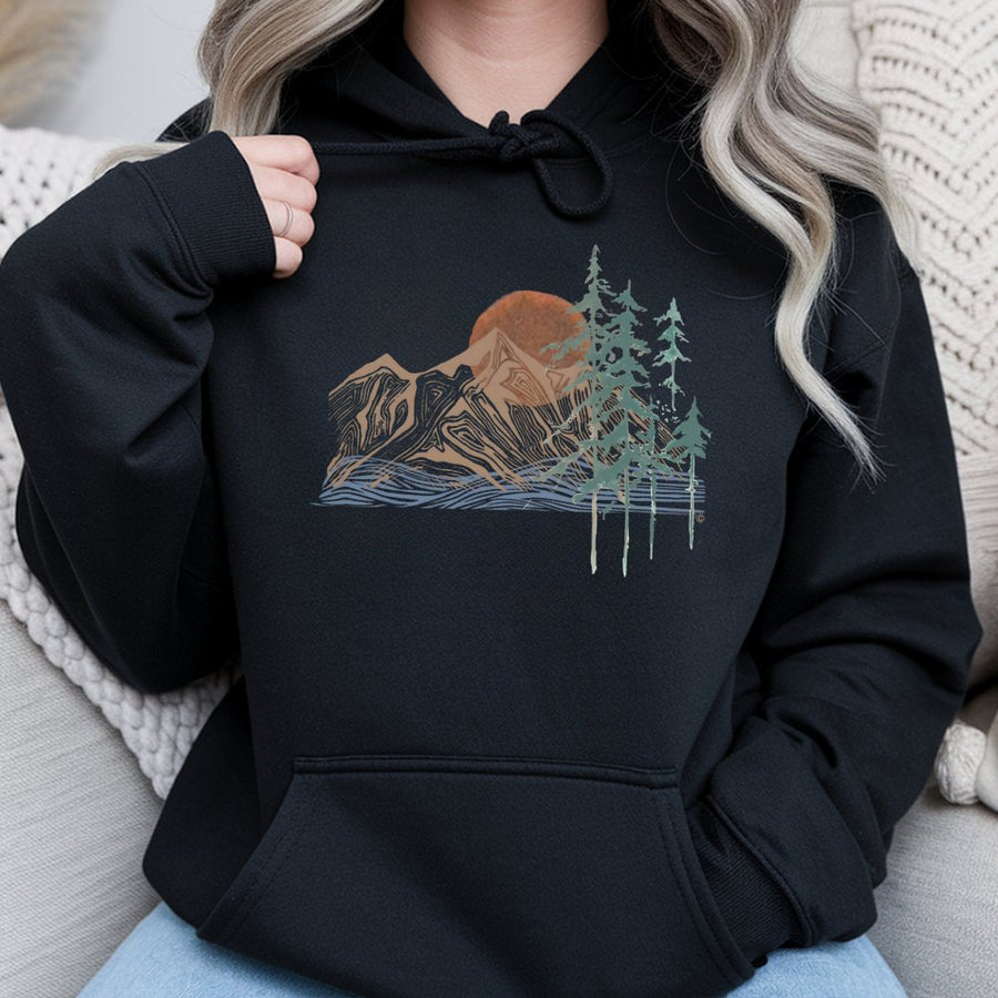Mountain Forest Graphic Hoodie | Abstract Nature Landscape Art | Premium Cotton-Poly Blend | Unisex Outdoor Gift for Hikers and Nature Lovers