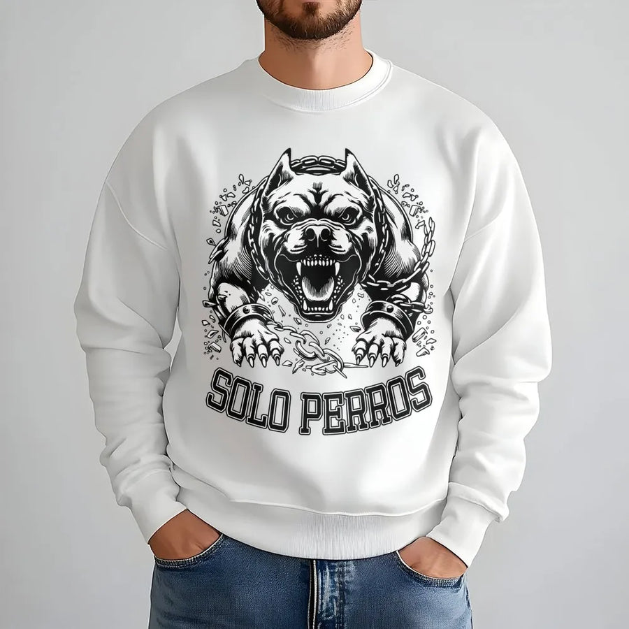 Pitbull Sweatshirt | Solo Perros Graphic Streetwear | Premium Cotton Blend Crewneck | Edgy Urban Chicano Style Gift For Dog Lovers
