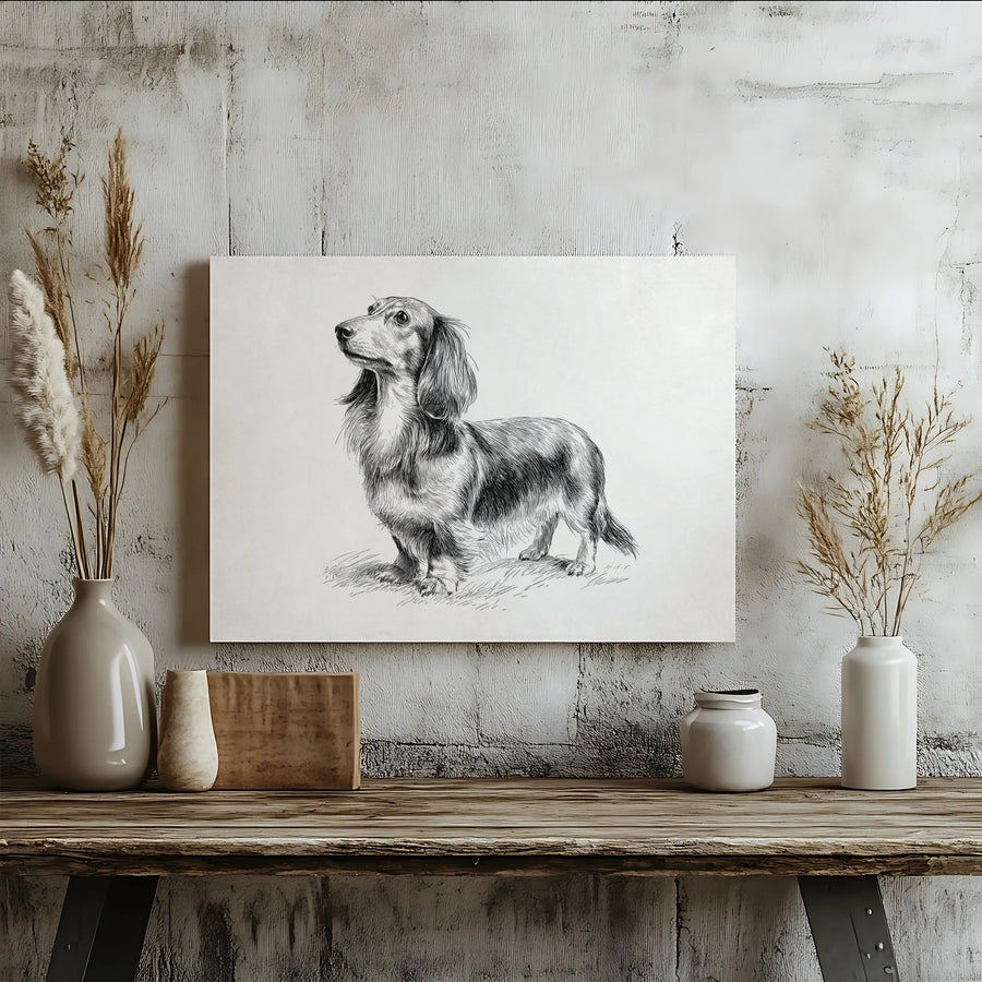 Long-Haired Dachshund Dog Wall Art | Vintage Pencil Sketch Print | 1.25 Inch Gallery Wrap Canvas | Premium Dog Lover Home Decor Gift
