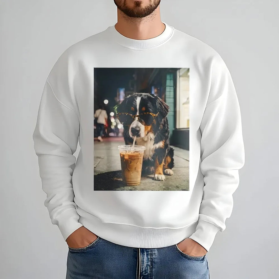 Bernese Mountain Dog Sweatshirt | Funny Dog with Sunglasses & Coffee | Premium Cotton Blend | Gift for Berner Mom or Dad