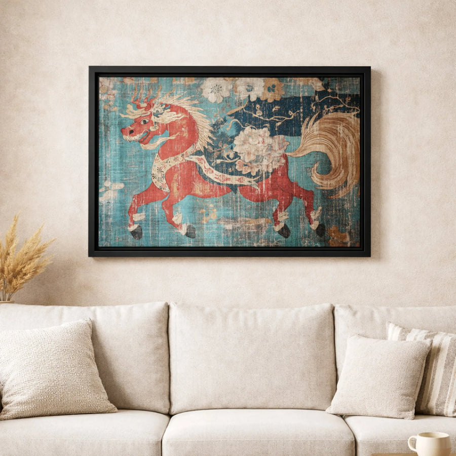 Vintage Asian Red Dragon Horse Wall Art | Mythical Creature Aesthetic | Premium Gallery Canvas | Home & Office Decor Gift