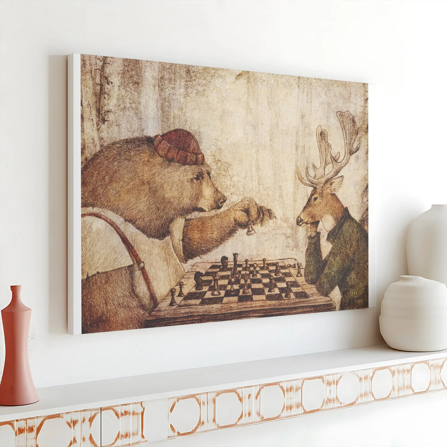 Bear and Deer Chess Game Canvas Print | Vintage Anthropomorphic Animal Art | Premium Thick Gallery Canvas | Game Room Decor Gift for Chess Player
