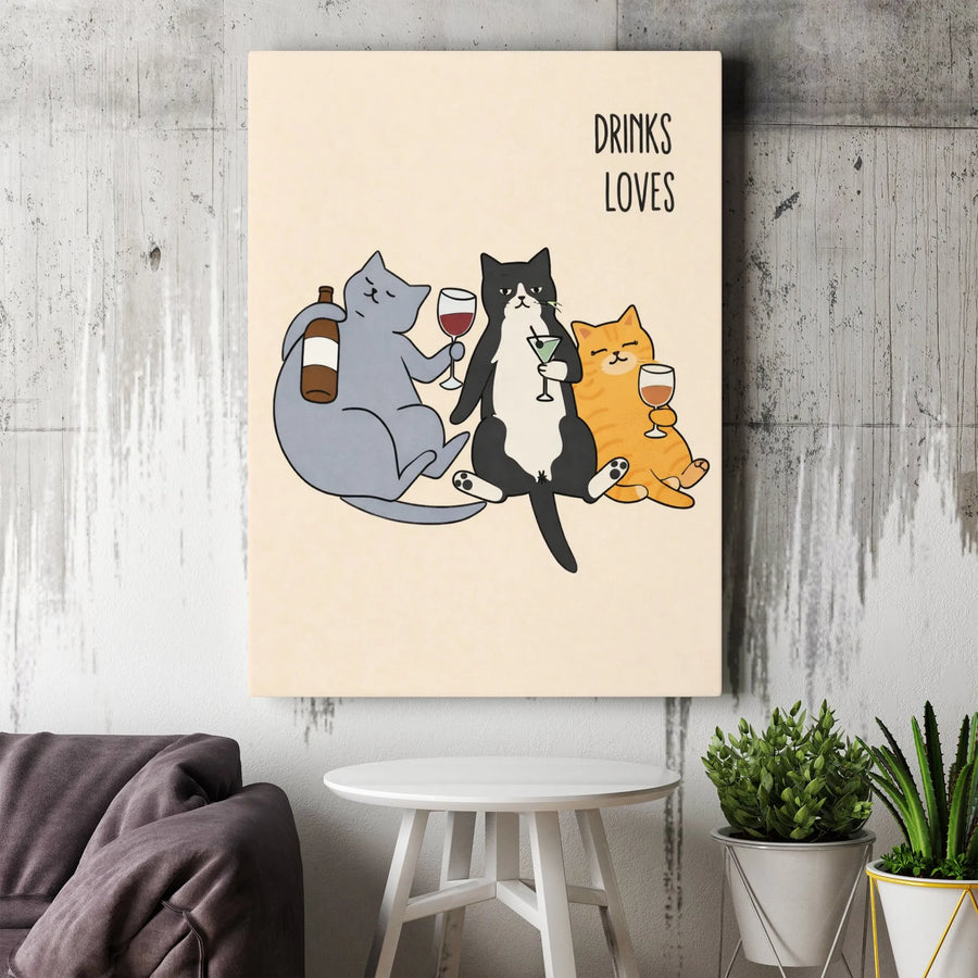 Funny Cat Canvas Wall Art | Cartoon Cats Drinking Wine & Martinis | Premium Canvas Print | Humorous Home Bar Decor Gift for Cat Lover