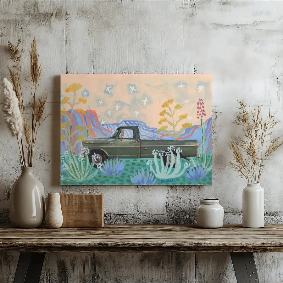 Vintage Truck Canvas Wall Art | Pastel Desert Botanical Scene | Premium Gallery Quality Canvas | Southwestern Boho Home Decor Gift